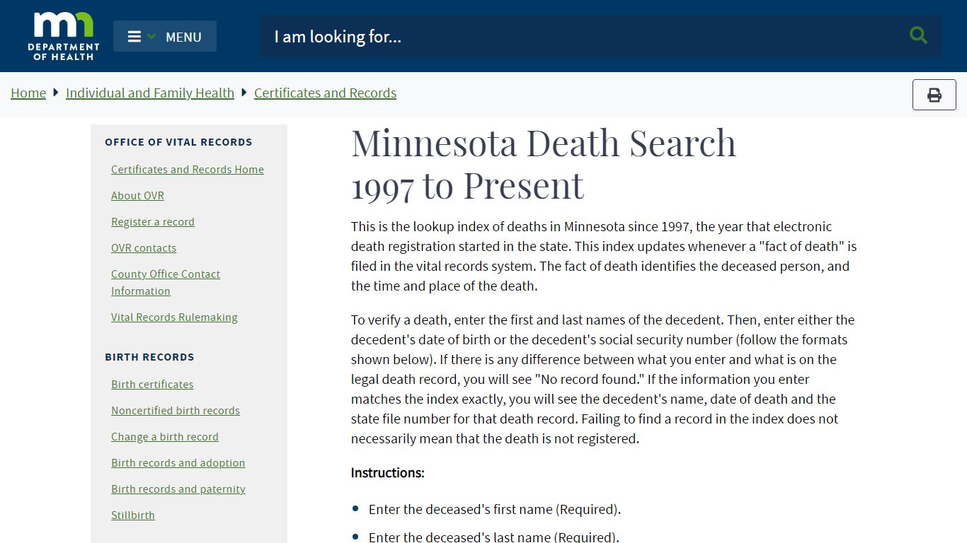 Minnesota Death Search 1997 to Present - MN Dept. of Health